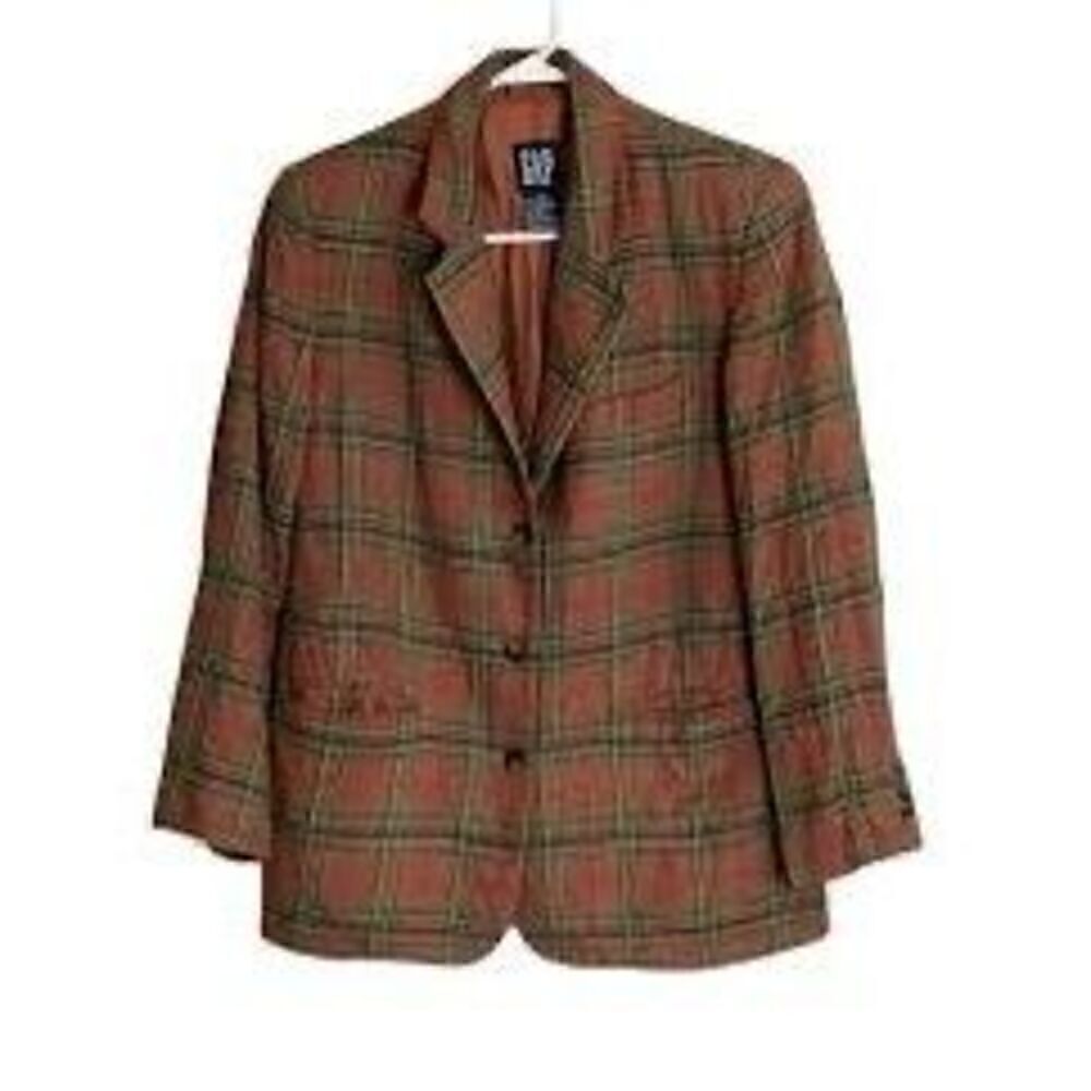 Gap Womens Size Small Wool Plaid Jacket Brown Red Green 3 Button Double Breasted